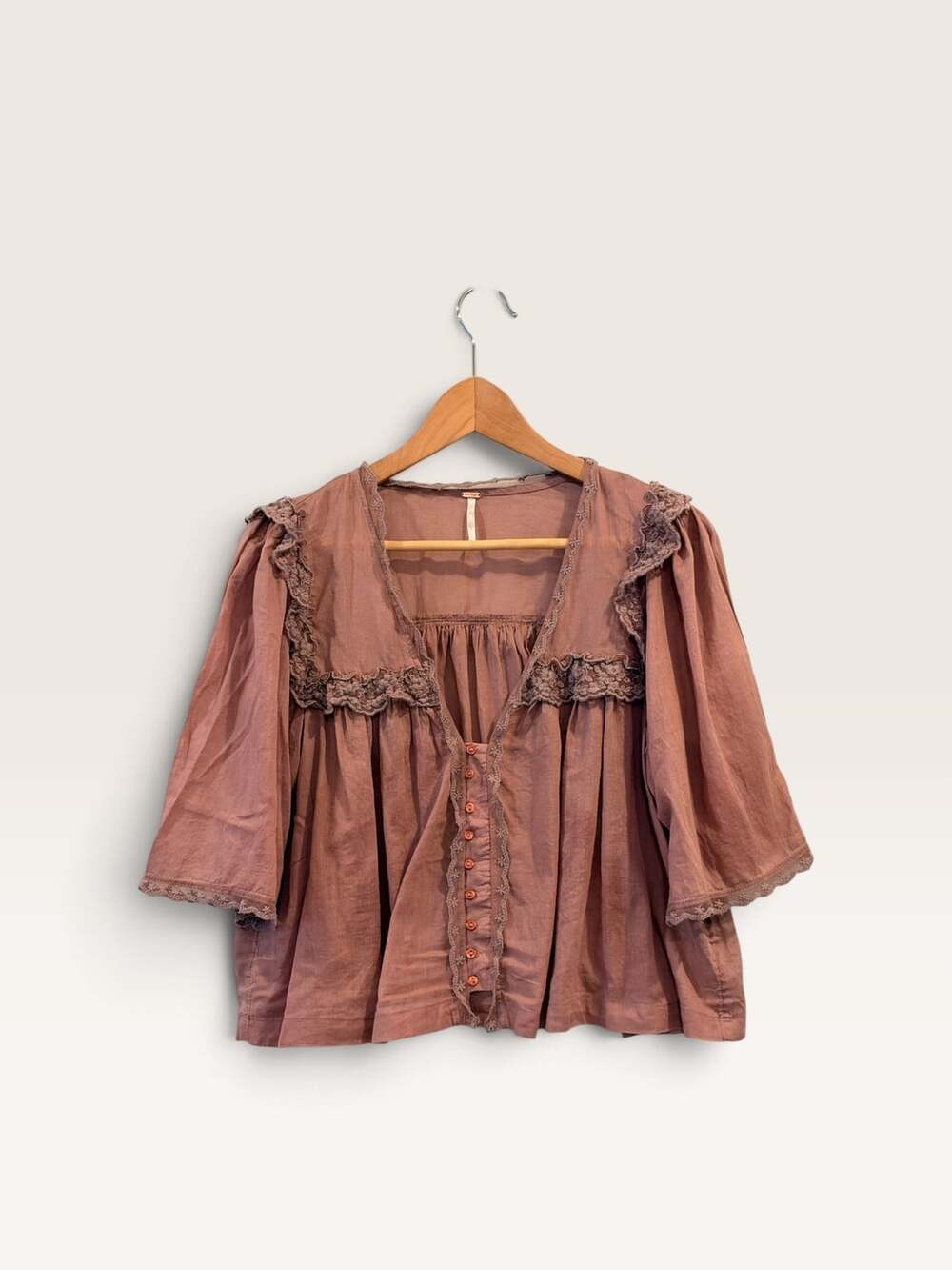 Free People Blouse Size S Pink Button Front Lace Trim